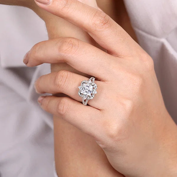 Art Deco Fancy Halo Princess Cut Diamond Engagement Ring Mounting Yellow Gold 7.5